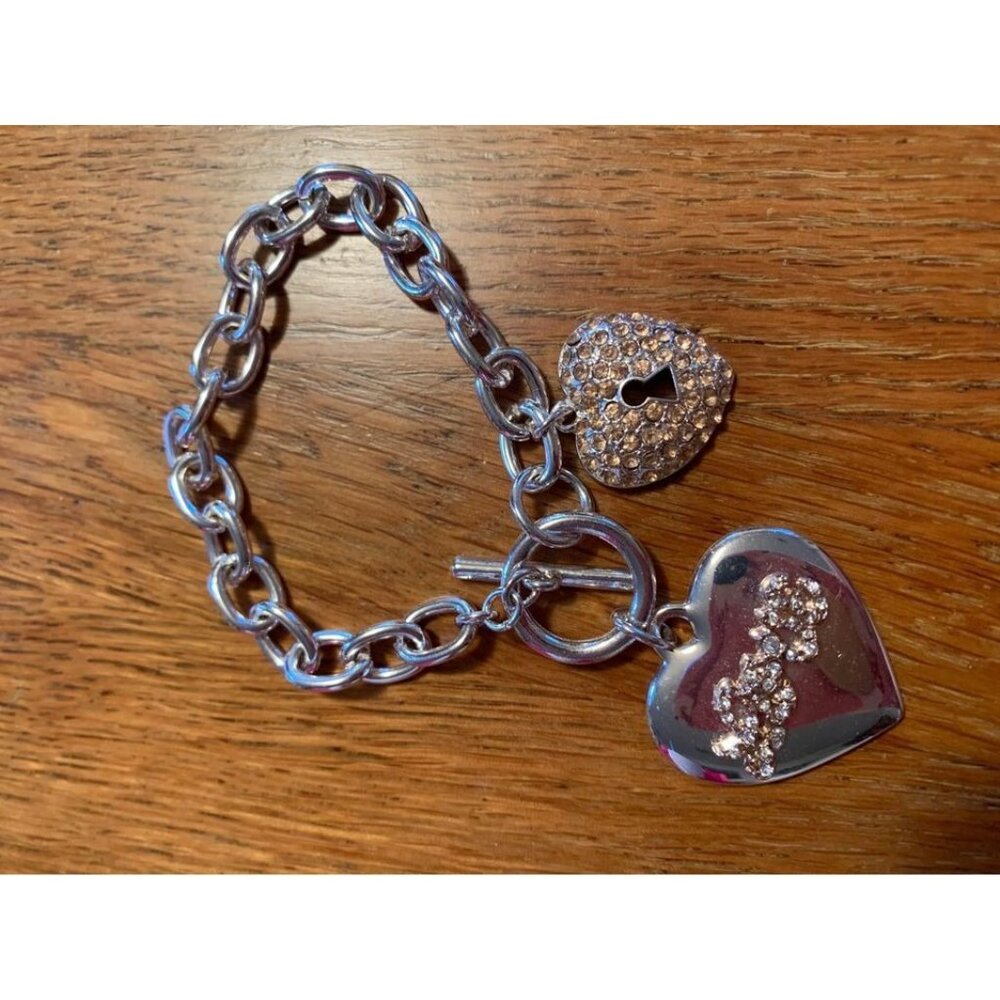Silver Heart Charm Bracelet with Toggle Clasp Rhinestone Accents